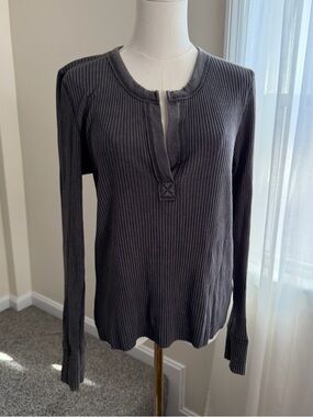Aerie Ribbed Dark Gray Long Sleeve Henley Style T Shirt Top Super Soft Stretchy